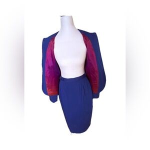 Vintage Petite 6 Ashley Brooks Skirt Suit Blazer 80s Royal Blue Purple Lining